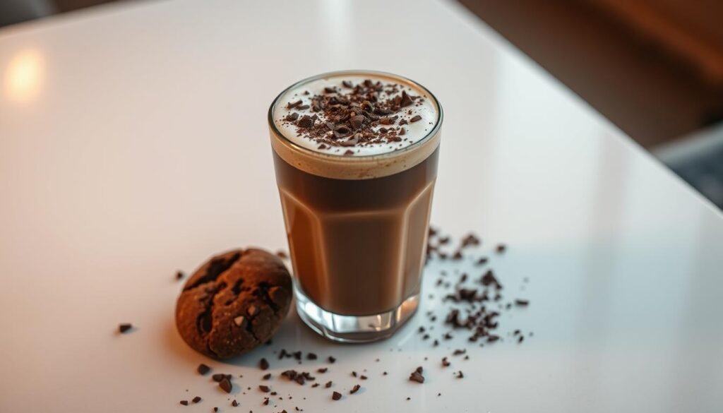 A beautifully crafted mocha drink, with a rich, velvety texture, is presented on a sleek, modern table. The dark chocolate shavings cascade over the creamy, foamy surface, creating a visually striking contrast. Warm, soft lighting gently illuminates the scene, casting a cozy, inviting atmosphere. The mocha is accompanied by a delicate chocolate-hazelnut cookie, perfectly complementing the flavors. The composition is minimalist yet sophisticated, showcasing the elegant simplicity of this indulgent treat.