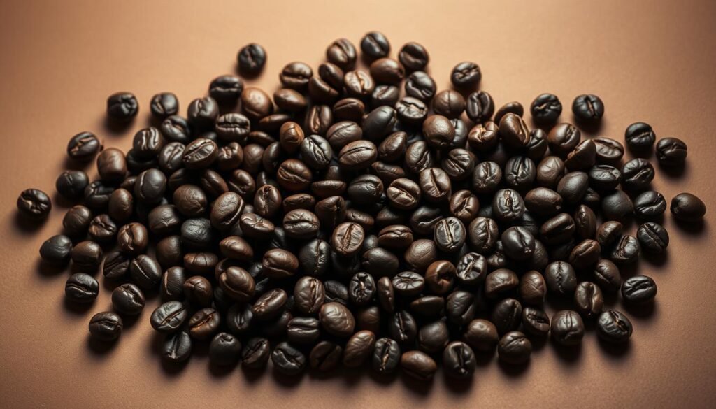 A beautifully lit close-up shot of various coffee beans, primarily the Robusta variety, arranged in an elegant, symmetrical pattern. The beans are evenly distributed across the frame, showcasing their distinct dark color and subtle sheen. The lighting is soft and diffused, creating a warm, inviting atmosphere that highlights the rich tones and textures of the coffee. The background is a muted, neutral color that allows the coffee beans to take center stage. The overall composition is visually striking, emphasizing the importance and versatility of the Robusta bean in crafting the perfect espresso blend.
