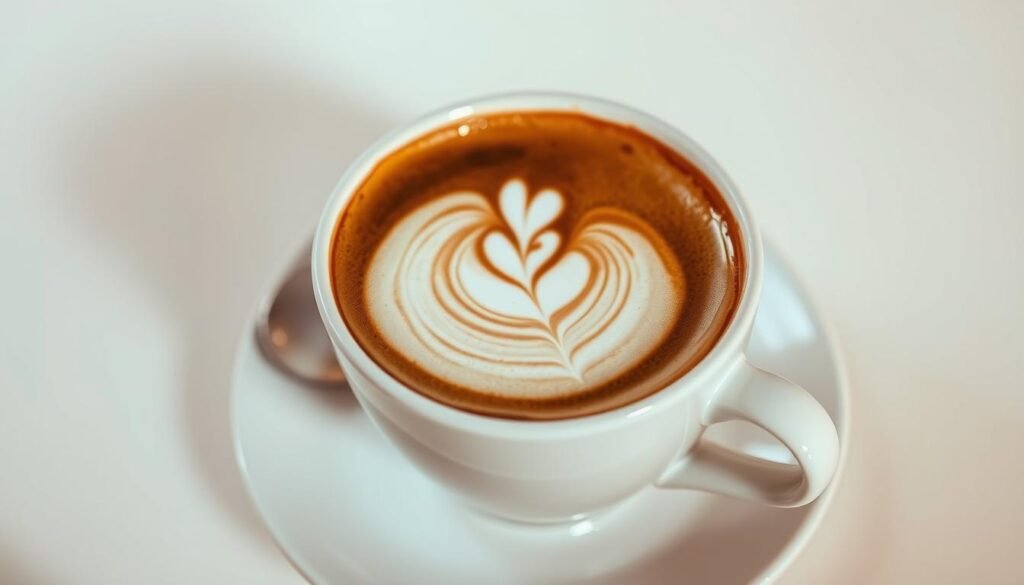 A beautifully presented cappuccino with a delicate, swirling pattern of microfoam art adorning the creamy surface. The drink is served in a sleek, minimalist white ceramic cup, resting on a matching saucer. Soft, warm lighting casts a cozy glow, highlighting the rich, dark espresso and the velvety milk foam. The composition is framed by a clean, uncluttered background, allowing the focus to remain on the carefully crafted beverage. The overall scene conveys a sense of artistry, attention to detail, and the inviting atmosphere of a skilled barista's presentation.