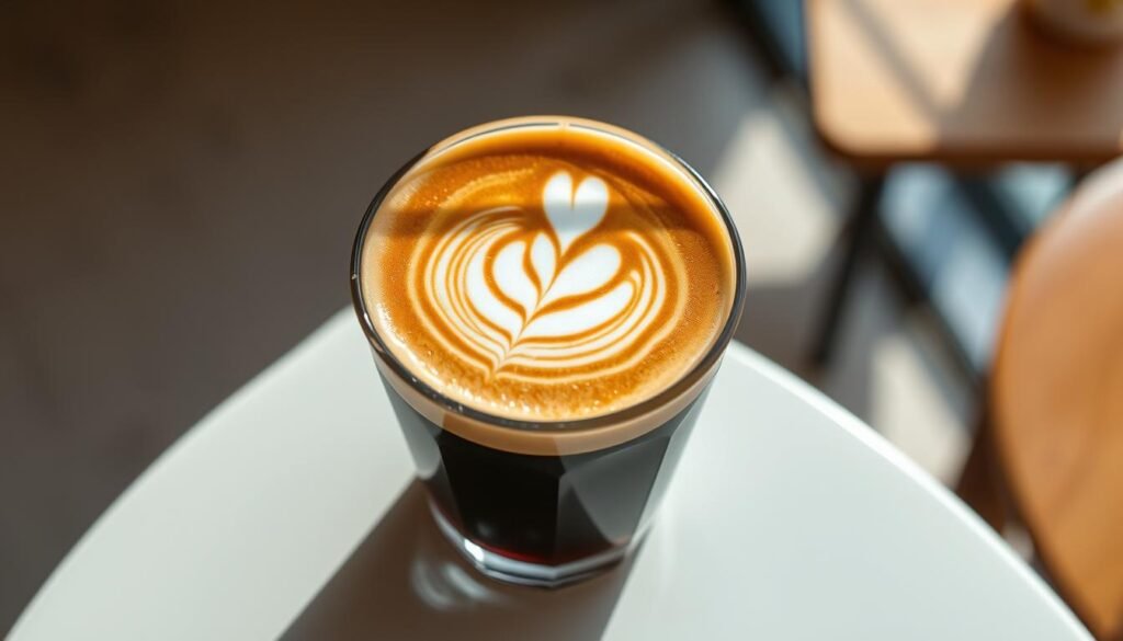 A beautifully presented latte, with a rich, velvety foam top artfully swirled into an intricate pattern. The glossy, dark espresso base is perfectly balanced, complemented by the creamy, subtly sweet milk. Delicate latte art in the form of a graceful, minimalist design is the focal point, drawing the eye to the center of the frame. Soft, natural lighting illuminates the beverage, creating a warm, inviting atmosphere. The latte is situated on a sleek, modern table or countertop, perhaps in a cozy café setting, allowing the drink to shine as the star of the composition.