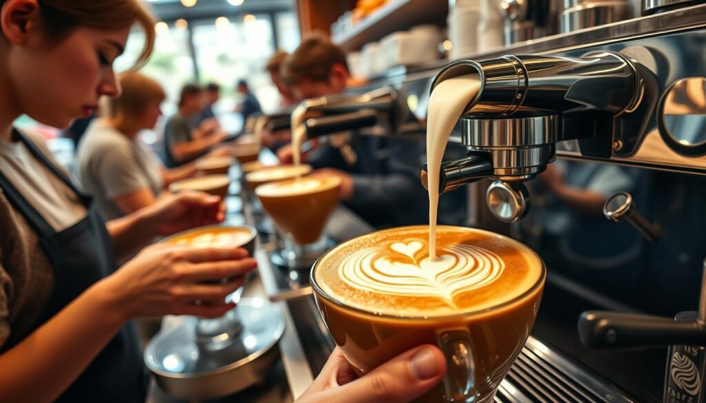 A bustling coffee shop, baristas meticulously crafting intricate latte art. Smooth, velvety milk cascades into a rich, aromatic espresso, creating a harmonious balance. Gleaming chrome espresso machines, their polished surfaces reflecting the warm lighting. Artful patterns emerge, delicate swirls and delicate hearts, a testament to the skill of the barista. The atmosphere is one of quiet focus, the gentle hum of conversation and the aroma of freshly brewed coffee filling the air. A scene of modern latte preparation techniques, blending tradition and innovation for a truly exceptional beverage experience.