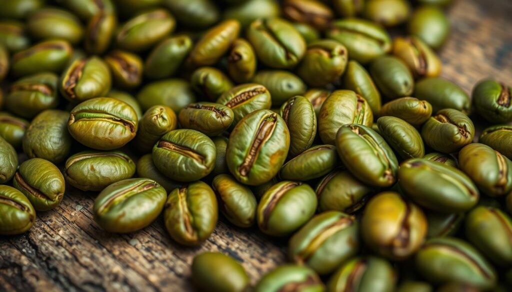 A close-up image of freshly roasted Acmella oleracea coffee beans, showcasing their vibrant green hue and unique textural nuances. The beans are artfully arranged on a rustic wooden surface, with a soft, diffused light illuminating their intricate details. The overall composition conveys a sense of care, craftsmanship, and the delicate balance required to achieve the perfect roast, accentuating the distinctive flavor profile of this rare and exceptional coffee varietal.