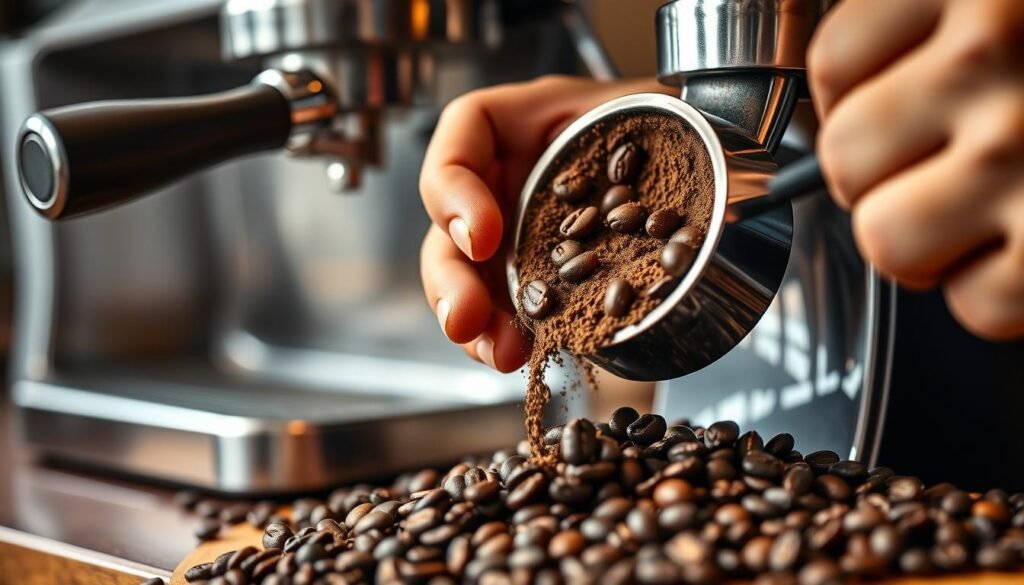 A close-up shot of a barista's hands carefully measuring and grinding fresh coffee beans for a Ristretto. The beans are dark roasted, with a rich, oily sheen. The grinder's steel burrs spin, producing a fine, uniform powder. A stainless steel espresso machine stands in the background, its group head ready to extract the concentrated, syrupy Ristretto. Warm, soft lighting illuminates the scene, casting gentle shadows and highlighting the intricate textures. The overall mood is one of precision, craftsmanship, and the care taken to create this intensely flavorful coffee.
