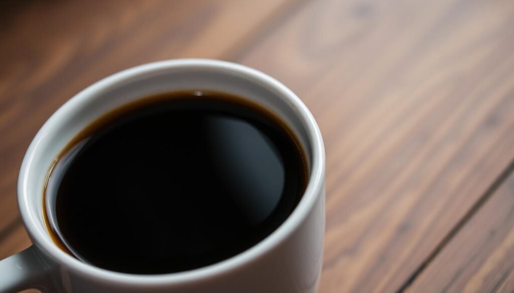 A close-up shot of a freshly brewed long black coffee, captured with a shallow depth of field. The coffee is served in a classic white ceramic cup, placed on a wooden table with a muted, natural background. The rich, dark liquid shines with a glossy surface, emitting a warm, aromatic steam. The lighting is soft and diffused, creating a cozy, intimate atmosphere. The composition emphasizes the simplicity and elegance of the long black, highlighting its pure and intense flavor.