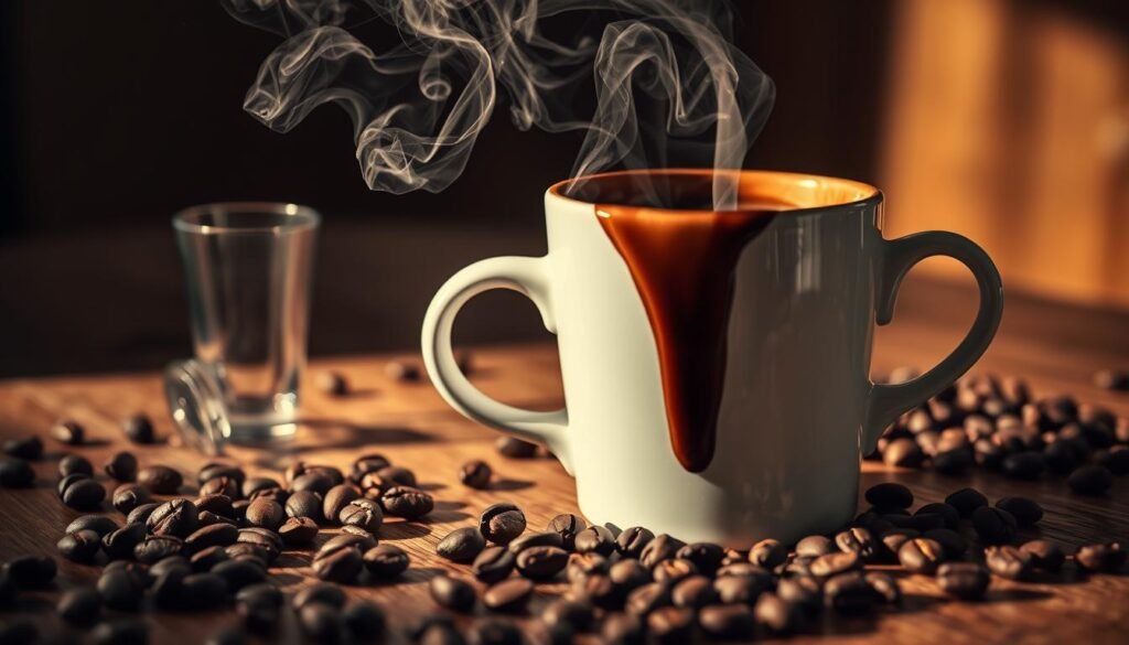 A close-up shot of an overflowing coffee cup, steam rising from the dark liquid. The cup sits on a wooden table, surrounded by scattered coffee beans and an empty espresso shot glass. The lighting is warm and moody, casting long shadows that convey a sense of excess and potential health risks. The composition emphasizes the dynamic, almost chaotic nature of excessive caffeine consumption, inviting the viewer to consider the potential consequences of overconsumption.