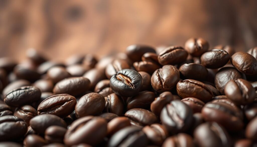A close-up still life image of a variety of Liberian coffee beans, showcasing their distinct aroma and flavors. The beans are arranged in an artful composition, with some in the foreground, some in the middle ground, and a blurred background of a rustic wooden surface. The lighting is soft and warm, highlighting the rich, oily sheen of the beans and casting gentle shadows. The overall mood is one of simplicity, authenticity, and the appreciation of the unique sensory experience of these premium Liberian coffee beans.
