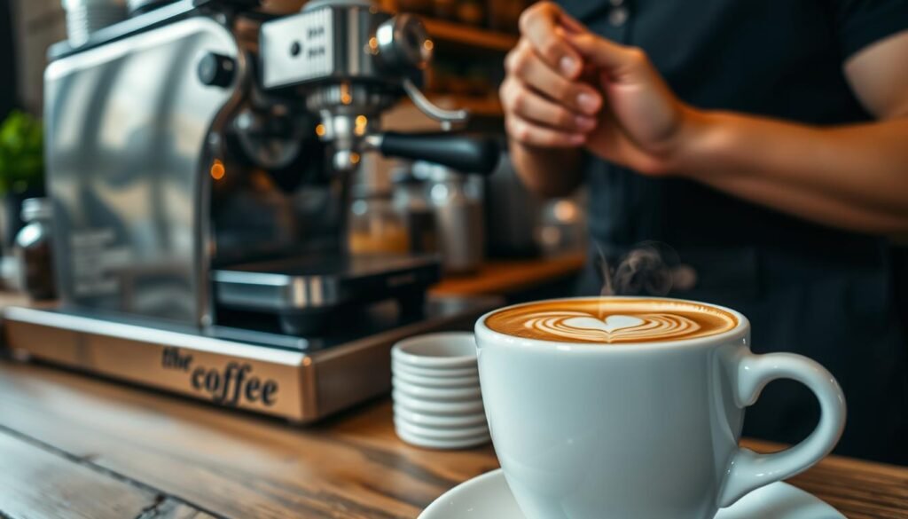 A cozy café scene with a barista preparing a perfect cappuccino. In the foreground, an elegant white ceramic mug filled with silky, steaming espresso and lush, velvety milk foam. The barista's hands carefully manipulate the steam wand, creating intricate latte art patterns. In the middle ground, the sleek, polished espresso machine emits a soft glow, casting warm light across the scene. The background features a rustic, wooden countertop, with jars of aromatic coffee beans and a chalkboard menu board. The overall mood is one of calm, craftsmanship, and the comforting aroma of freshly brewed coffee.