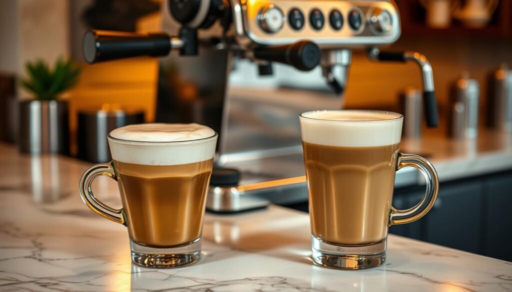 A cozy café setting, a marble countertop with a gleaming espresso machine, and two expertly crafted beverages take center stage. On the left, a classic cappuccino with its signature creamy foam and rich, aromatic espresso. Beside it, a delicate machiatto, its bold flavor accentuated by a light, airy layer of steamed milk. Warm lighting casts a soft glow, highlighting the intricate latte art and the inviting atmosphere. The scene exudes a sense of refined elegance, where the perfect balance of coffee and milk is celebrated in a visually captivating presentation.