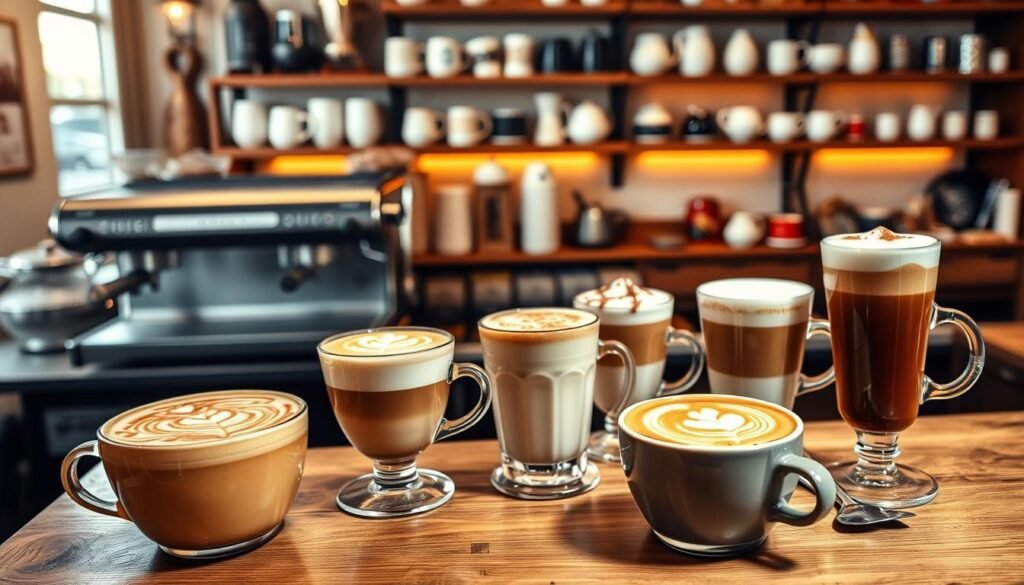 A cozy coffee shop setting with various Cappuccino drinks showcased on a wooden table. In the foreground, a classic Cappuccino with intricate latte art, complemented by a Cappuccino with cinnamon dusting and a Cappuccino macchiato. In the middle ground, a selection of Cappuccino variations, including one with cocoa powder and a Cappuccino affogato. The background features a vintage espresso machine and shelves displaying an array of coffee mugs and accessories, bathed in warm, diffused lighting to create a welcoming atmosphere. The overall composition emphasizes the rich diversity and artistry of Cappuccino preparation.