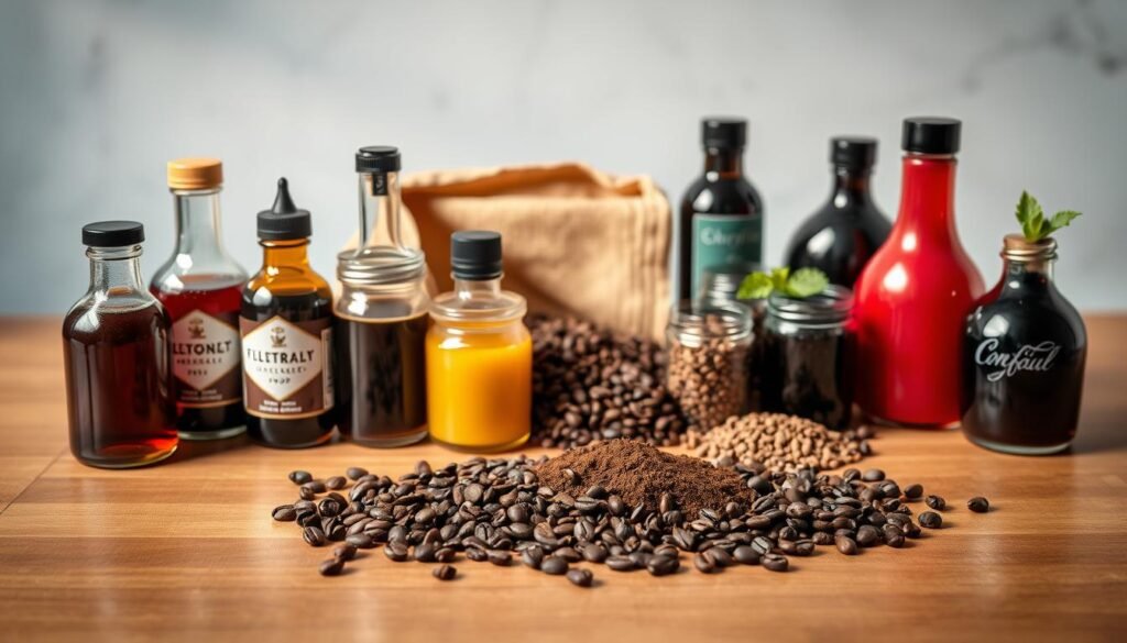A delectable assortment of coffee beans, syrups, and garnishes, artfully arranged on a sleek, wooden surface. In the foreground, an array of flavored syrups in classic and contemporary varieties, their vibrant hues contrasting with the rich, dark roast of the coffee beans. The middle ground features a selection of whole and ground coffee beans, their distinct textures and shades of brown creating a visually compelling composition. In the background, a subtle backdrop of soft, natural lighting, casting a warm, inviting glow over the scene. The overall mood is one of sophisticated elegance, inviting the viewer to imagine the myriad of flavor possibilities that can be crafted from these carefully curated ingredients.