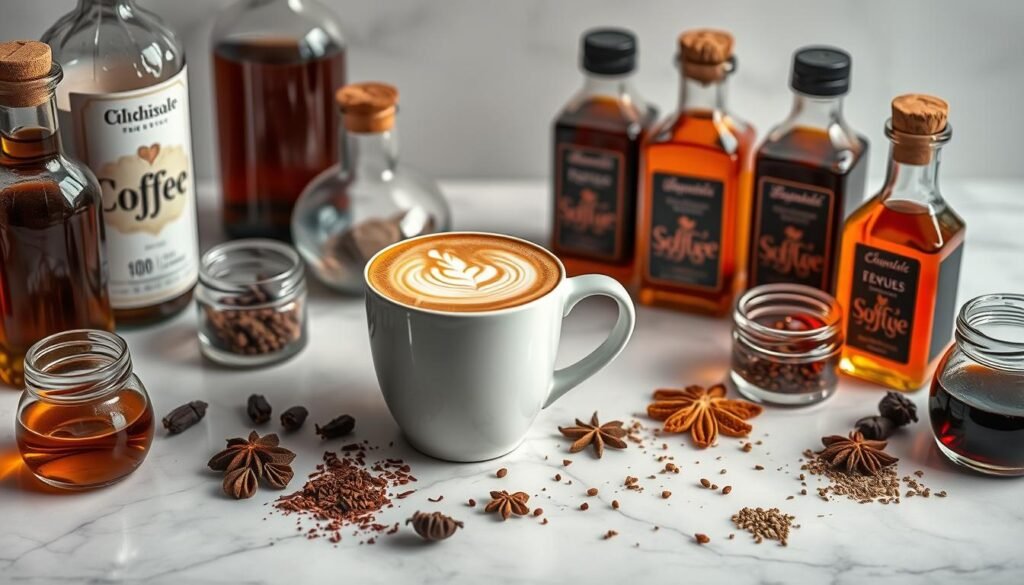 A delicate still life featuring an assortment of fragrant coffee syrups and spices artfully arranged on a smooth, marble surface. The centerpiece is a pristine white ceramic mug, its surface adorned with intricate latte art, surrounded by an array of glass bottles and jars containing vibrant, jewel-toned flavor extracts. Soft, diffused lighting illuminates the scene, casting gentle shadows and highlighting the textures of the various ingredients. The overall mood is one of refined sophistication, inviting the viewer to imagine the creative possibilities of crafting a personalized, elevated coffee experience.