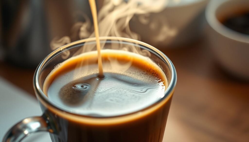A detailed close-up image of freshly brewed Arabica coffee in a glass cup, with steam rising from the surface. The lighting is soft and diffused, creating a warm, inviting atmosphere. The focus is on the intricate details of the coffee's crema, with its rich, velvety texture and delicate patterns. The background is blurred, with hints of a wooden table or countertop visible, emphasizing the centrality of the coffee preparation. The overall scene conveys the care and craftsmanship involved in the preparation of high-quality Arabica coffee.