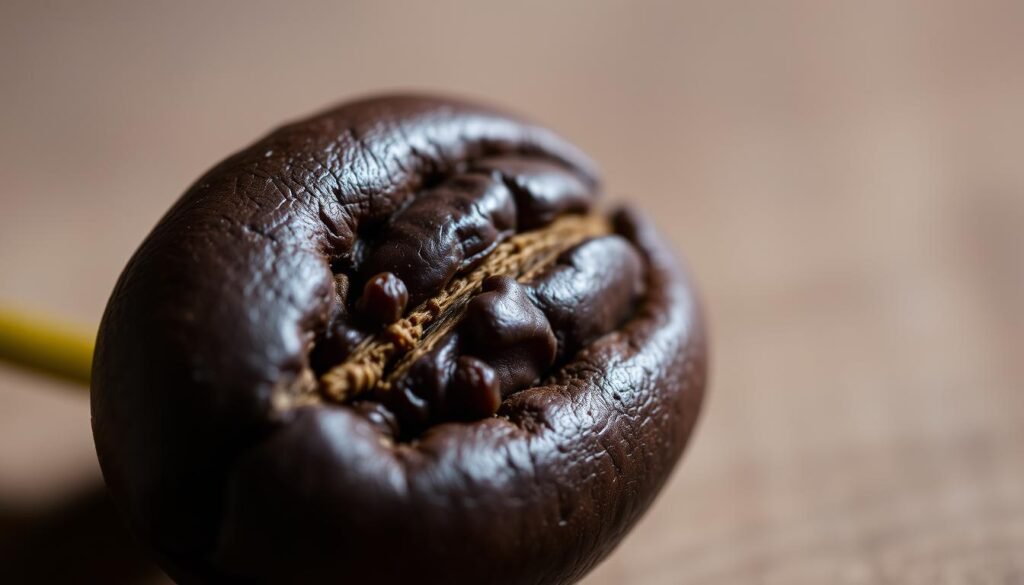 A detailed close-up photograph of the Robusta coffee bean, showcasing its distinct and rugged features. The bean is prominently displayed against a soft, blurred background, allowing its textural nuances and rich, dark coloration to take center stage. The lighting is balanced, casting subtle shadows that accentuate the bean's contours and highlights its inherent robustness. The image conveys a sense of solidity, hinting at the bean's durability and the desirable characteristics that make Robusta coffee a valuable commodity. The overall mood is one of focused attention, inviting the viewer to appreciate the intricate details and appreciate the unique qualities of this versatile coffee varietal.