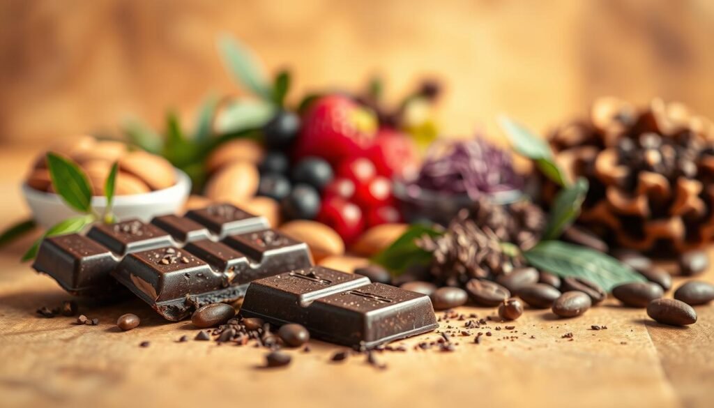 A detailed illustration of the health benefits of chocolate on a warm, inviting background. In the foreground, a delectable dark chocolate bar and cocoa beans are prominently displayed, reflecting the rich, indulgent essence of the subject. The middle ground features vibrant, fresh ingredients like almonds, berries, and herbs, highlighting the natural goodness of chocolate. The background is softly lit, creating a serene, contemplative atmosphere, inviting the viewer to appreciate the holistic wellness properties of this beloved treat. Captured with a shallow depth of field to draw the eye towards the central elements.