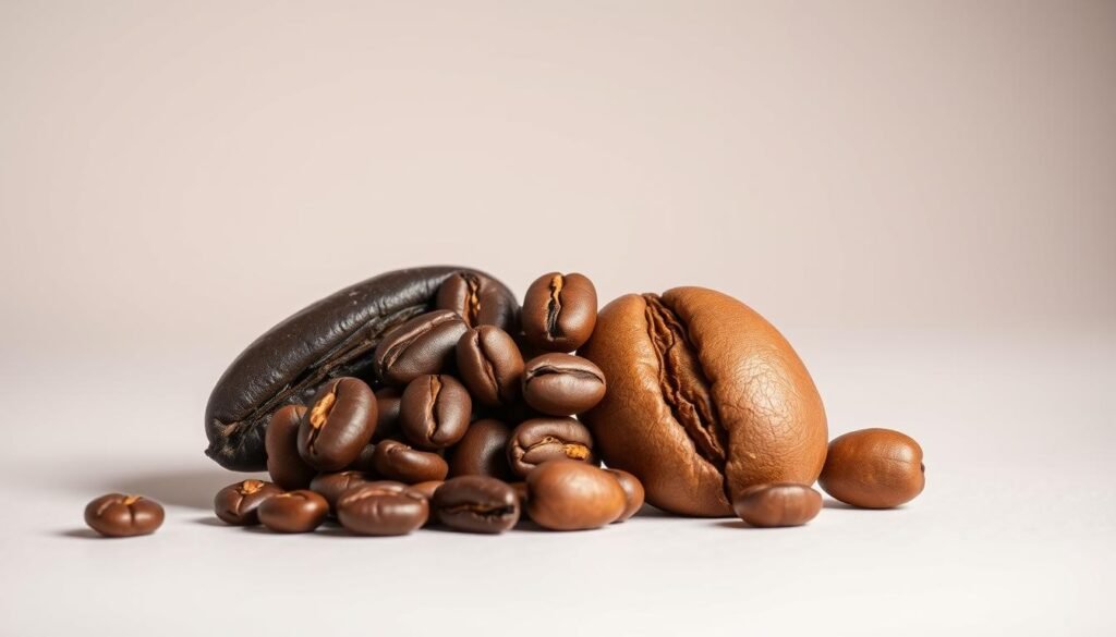 A detailed side-by-side comparison of Libyan coffee bean (Libyan) and Arabica coffee bean (Arabica) against a neutral background. Libyan beans are depicted in the foreground, showcasing their distinct dark brown color, elongated shape, and rough texture. Arabica beans are displayed in the middle ground, contrasting with their smoother surface, rounded shape, and lighter brown hue. The background is a soft, diffused gradient, allowing the coffee beans to stand out and their differences to be clearly visible. Dramatic studio lighting casts subtle shadows, emphasizing the dimensional qualities of the beans. The overall composition is balanced, with a clean, minimalist aesthetic to highlight the key visual distinctions between these two major coffee varieties.