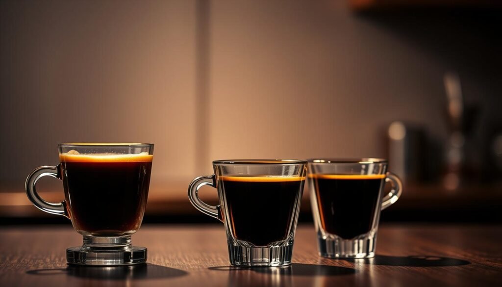A high-contrast, artfully composed image showcasing the distinct characteristics of Ristretto and Espresso coffee drinks. In the foreground, two expertly crafted espresso shots with their signature crema sit atop sleek, modern glassware, lit by warm, directional lighting that accentuates their rich, velvety textures. In the middle ground, a pair of delicate, fluted demitasse cups filled with the concentrated, intense Ristretto elixir, their deep, complex flavors evident in the dark, inky hues. The background features a minimalist, slightly blurred setting, perhaps a coffee shop or roastery, evoking a sense of refined sophistication. The overall mood is one of reverence for the craft of specialty coffee, inviting the viewer to appreciate the nuanced differences between these two beloved espresso-based preparations.