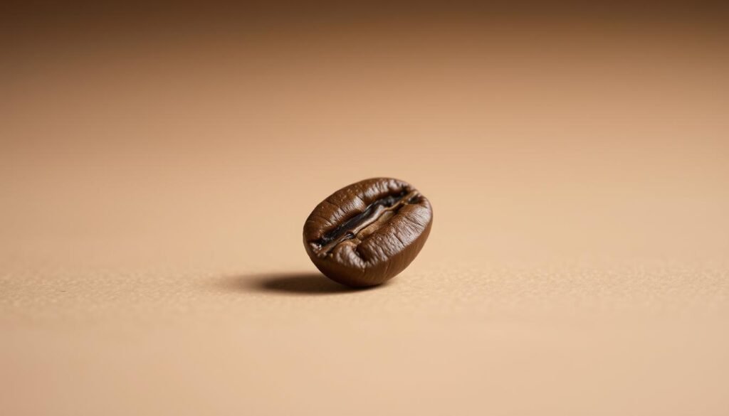 A high-quality, close-up photograph of a freshly harvested, medium-roasted coffee bean labeled "Boun Liwanẹz" against a neutral, matte background. The bean should be displayed in the center of the frame, showcasing its distinct shape, rich brown color, and oily sheen. Subtle shadows and highlights accentuate the bean's intricate texture and contours. The lighting should be soft and natural, creating a warm, inviting atmosphere that complements the subject. The depth of field should be shallow, gently blurring the background to maintain the focus on the coffee bean as the central point of interest.