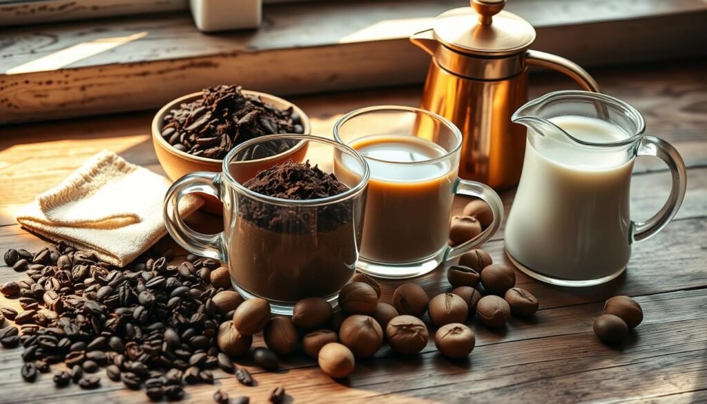 A high-quality still life photograph of the ingredients for making mocha coffee with chocolate and hazelnuts. Arranged on a rustic wooden table, the components include freshly ground coffee beans, rich dark chocolate shavings, roasted hazelnuts, a glass mug, a copper coffee pot, and a small pitcher of steamed milk. The scene is lit with soft natural light from a nearby window, creating warm shadows and highlights that accentuate the textures and colors of the ingredients. The overall mood is cozy and inviting, hinting at the delicious flavors to come.