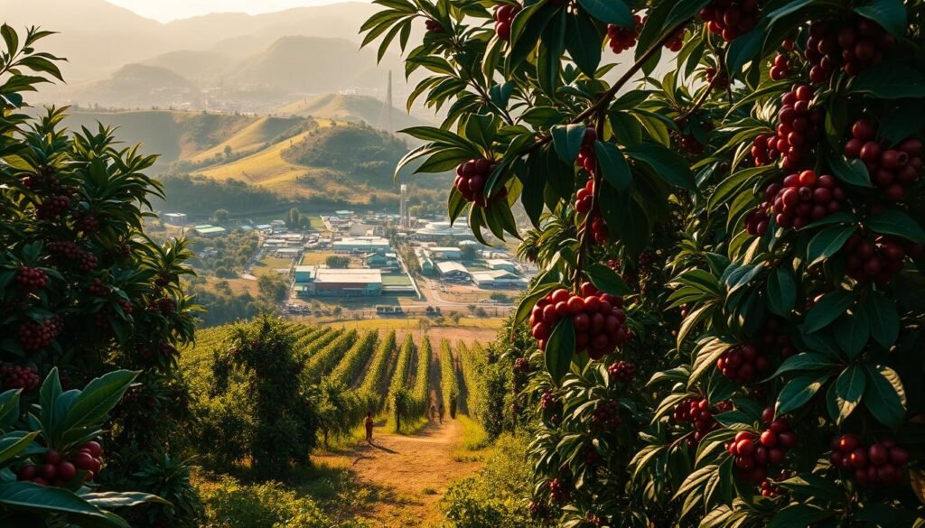 A lush, verdant coffee plantation in the heart of Brazil's fertile countryside. Towering Robusta coffee plants stretch out across rolling hills, their dark green leaves glistening in the warm, golden sunlight. In the foreground, workers carefully handpick the ripe, crimson coffee cherries, their movements captured in a cinéma vérité style. The middle ground reveals orderly rows of drying racks, where the harvested beans are laid out to cure. In the distance, a processing facility stands amidst a patchwork of smaller farms, its industrial architecture a testament to Brazil's status as a global Robusta coffee powerhouse. The overall scene conveys a sense of industrious productivity, with the rich, earthy tones and natural lighting evoking the rustic authenticity of this important agricultural region.