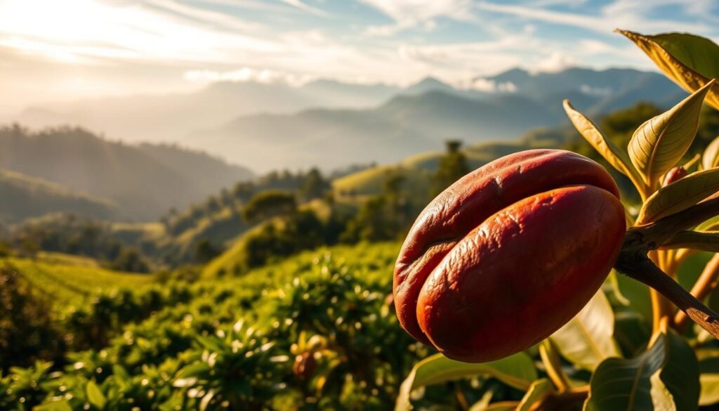 A lush, verdant coffee plantation nestled in the highlands, with rows of flourishing Arabica coffee plants against a backdrop of rolling hills and distant mountains. Sunlight filters through wispy clouds, casting a warm, golden glow over the scene. In the foreground, a close-up of a single Arabica coffee bean, its rich, oily surface glistening, hinting at the complex flavors and aromas that will emerge during the roasting and brewing process. The composition emphasizes the intricate relationship between the climatic conditions, soil, and the unique characteristics of the Arabica variety, creating a visually captivating representation of the section's title, "The Impact of Environment on Arabica Coffee Flavor."