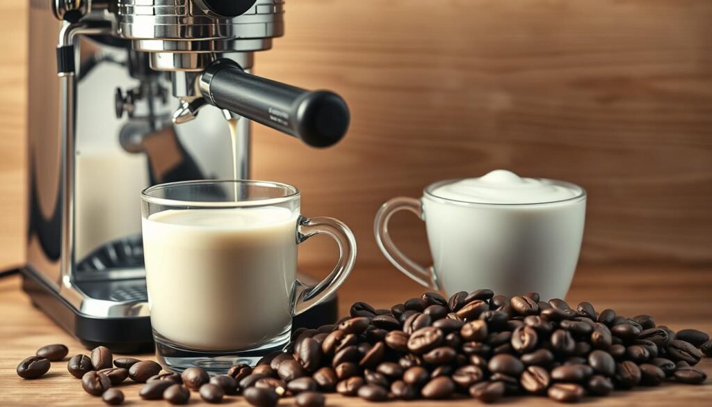 A meticulously arranged still life showcasing the essential elements for crafting the perfect latte. In the foreground, a sleek espresso machine emits fragrant steam, its shiny chrome exterior reflecting the soft, warm lighting. Beside it, a pitcher of velvety, textured milk, its surface gently rippled. In the middle ground, a selection of artisanal coffee beans in various roasts, their rich hues and intricate patterns adding depth and complexity. In the background, a minimalist wooden surface, its natural grain providing a clean, uncluttered backdrop to highlight the essential tools of the trade. The overall mood is one of refined simplicity, showcasing the precision and care required to prepare a truly exceptional latte.