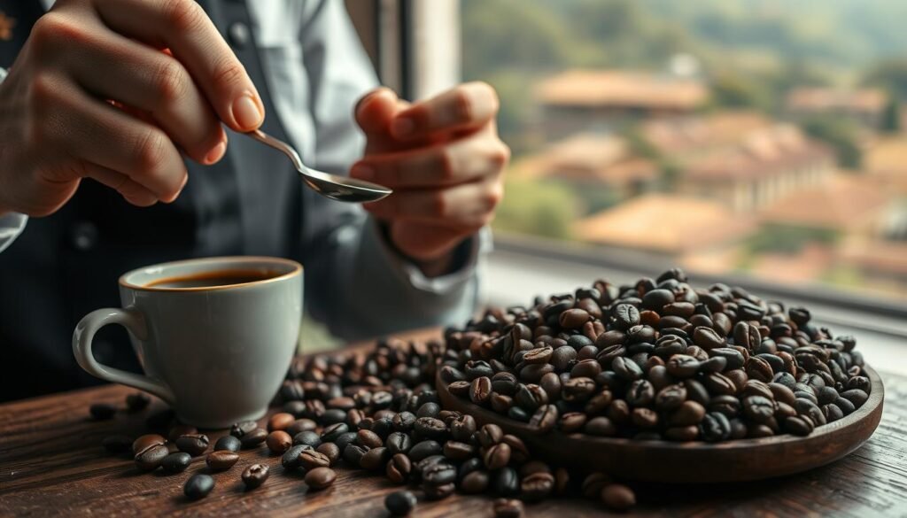A meticulously crafted still life scene showcasing the intricate techniques of coffee tasting. In the foreground, a skilled barista carefully examines the aroma and flavor profile of a freshly brewed cup of Arabica coffee, using professional tools such as a cupping bowl and spoon. The middle ground features an array of coffee beans in various stages of roasting, illuminated by soft, natural lighting. In the background, a blurred view of a traditional coffee-producing region, perhaps hinting at the origins of this cherished beverage. The overall mood is one of thoughtful contemplation, inviting the viewer to appreciate the nuances and complexities inherent in the art of coffee tasting.