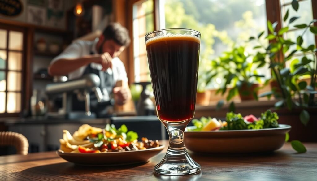 A serene and inviting scene of a quaint Italian cafe, where a barista carefully crafts a rich, velvety Ristretto. The aroma of freshly roasted coffee beans fills the air, complemented by the natural light streaming through the large windows. In the foreground, a glass of Ristretto is showcased, its deep, intense color hinting at the complex flavors within. In the middle ground, a selection of healthy, whole-food dishes are presented, illustrating how Ristretto can be seamlessly integrated into a balanced, nutritious lifestyle. The background features a vibrant, lush greenery, creating a sense of tranquility and well-being. The overall composition conveys the harmony between the indulgence of Ristretto and the pursuit of a healthy, mindful existence.