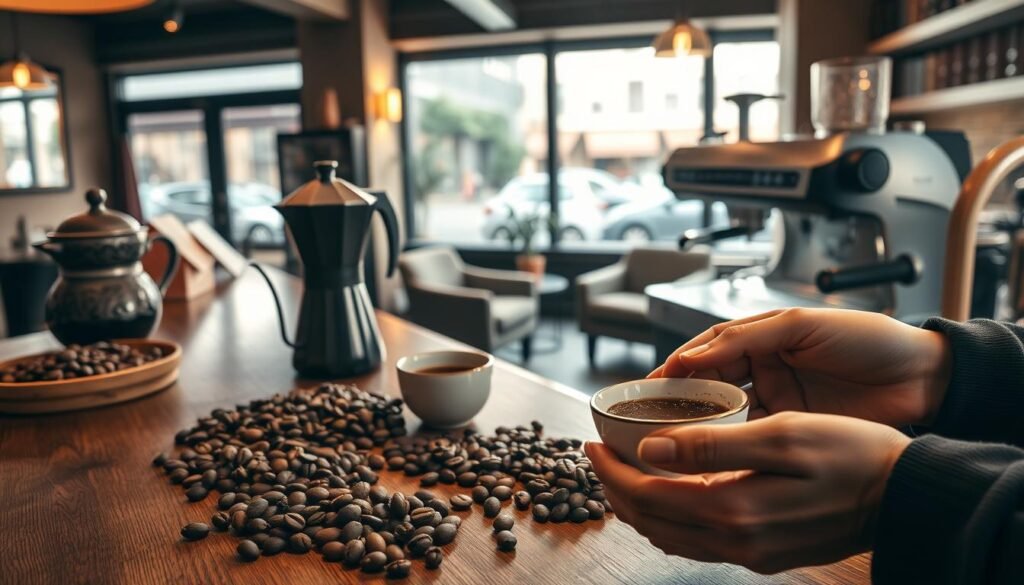 A serene, well-lit coffee shop interior with warm, natural lighting. On a wooden counter, an array of coffee beans, a traditional Turkish coffee pot, and a delicate ceramic cup filled with a rich, aromatic brew. In the foreground, hands carefully selecting the perfect coffee beans, considering their aroma, color, and texture. The middle ground features a knowledgeable barista expertly preparing the coffee, using a precision scale and a sleek, modern espresso machine. The background showcases a cozy seating area, with plush armchairs and a view of a bustling city street outside. The overall atmosphere conveys a sense of expertise, passion, and the art of choosing the right coffee to create the perfect cup.