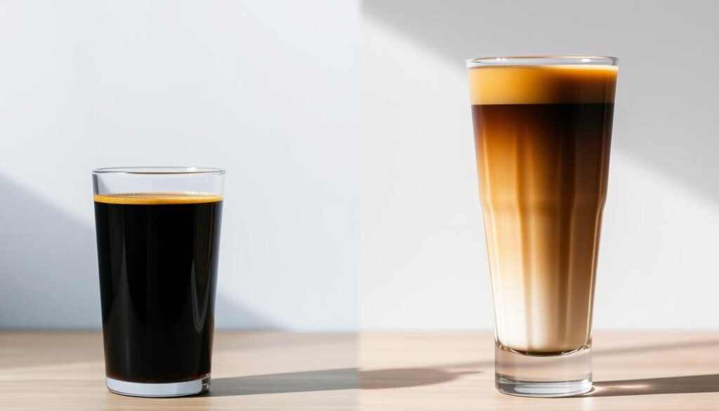A side-by-side comparison of a long black coffee and an Americano, showcased against a minimalist background. The long black, with its deep, rich color and distinct crema, stands in contrast to the lighter, more diluted appearance of the Americano. Subtle lighting highlights the nuanced tones and textures of the two beverages, emphasizing their unique characteristics. The scene conveys a sense of simplicity and focus, allowing the viewer to appreciate the subtle differences between these two iconic coffee preparations.