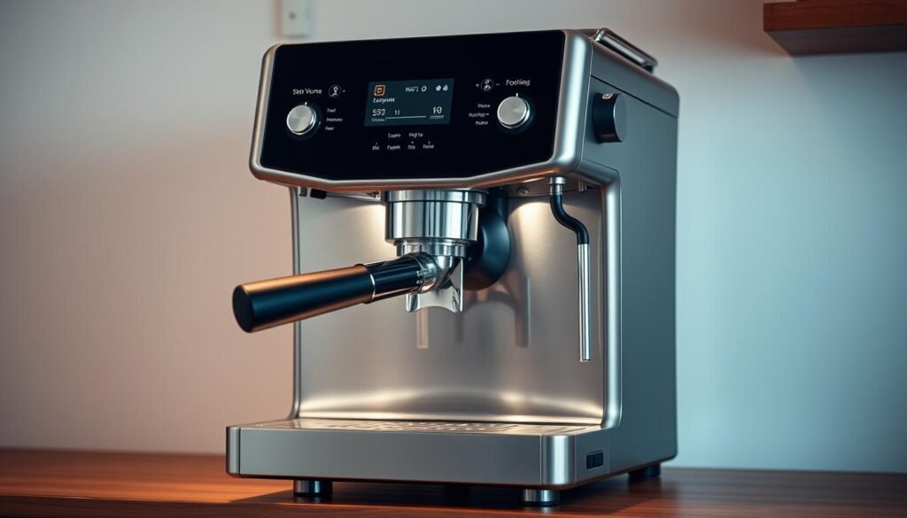A sleek, modern espresso machine with a polished stainless steel body and clean, minimalist design. The machine features a large, easy-to-read LCD display and intuitive controls for adjusting the shot volume, temperature, and milk frothing. Soft ambient lighting illuminates the machine, creating a warm, inviting atmosphere. The machine is positioned on a wooden countertop, with a clean, uncluttered background that allows the focus to remain on the elegant, high-quality appliance. The lighting is balanced, with a mix of diffused natural light and subtle, directional lighting to highlight the machine's curves and surfaces. The overall scene conveys a sense of sophistication and attention to detail, befitting a premium coffee maker.