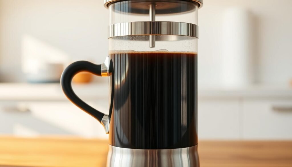 A steaming black coffee brews in a sleek, stainless steel French press, set against a minimalist, light-filled kitchen backdrop. The rich, dark liquid swirls as the plunger is slowly pressed, extracting the full-bodied flavor. Soft, natural lighting casts warm shadows, highlighting the coffee's alluring sheen. The scene exudes a sense of calm, unhurried ritual, inviting the viewer to savor the simple pleasure of a perfectly prepared long black.