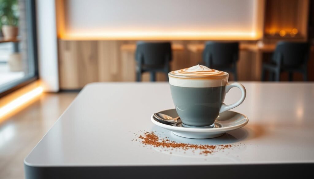 A visually appealing Machiatto presentation on a sleek, modern cafe table. The foreground features a ceramic cup filled with rich, dark espresso and a swirling, feathery milk foam topping. The middle ground showcases a small spoon resting on a saucer, alongside a sprinkle of cocoa powder. The background depicts a clean, minimalist cafe setting with wooden accents and warm, indirect lighting, creating a cozy, inviting atmosphere. The overall composition emphasizes the elegance and craftsmanship of the Machiatto's preparation, inviting the viewer to savor the experience.