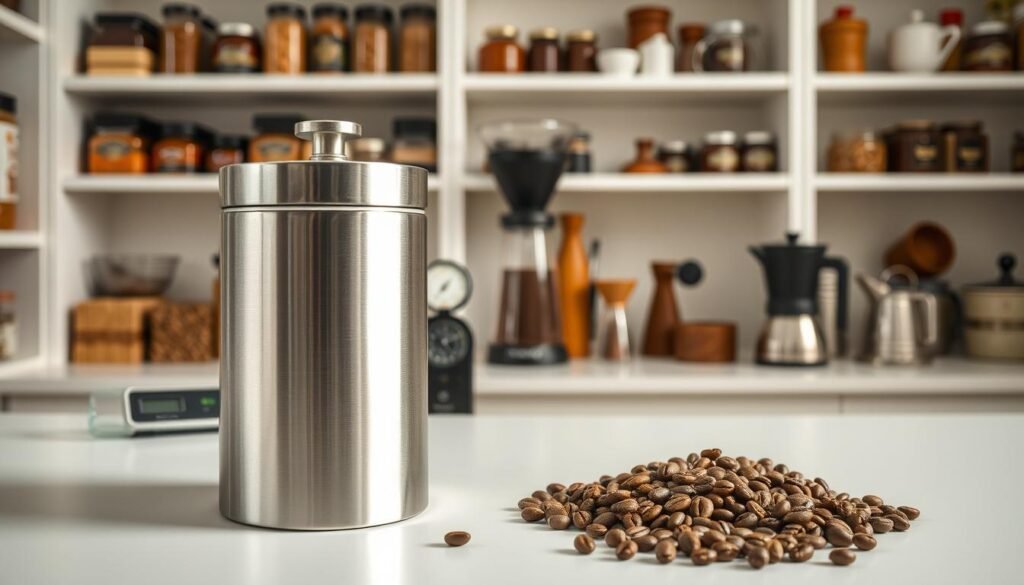 A well-lit, meticulously detailed image showcasing the optimal storage conditions for Liberian coffee beans. The foreground features a sleek, minimalist storage canister made of brushed stainless steel, with a transparent glass lid allowing a glimpse of the glistening, freshly roasted beans within. The middle ground showcases an array of coffee-related accoutrements - a digital hygrometer, a small hand-powered grinder, and a selection of artisanal brewing equipment. The background depicts a clean, well-organized pantry space, with neatly arranged shelves housing various spices, jars, and other culinary essentials. The overall mood is one of precision, care, and a deep appreciation for the craft of coffee-making.