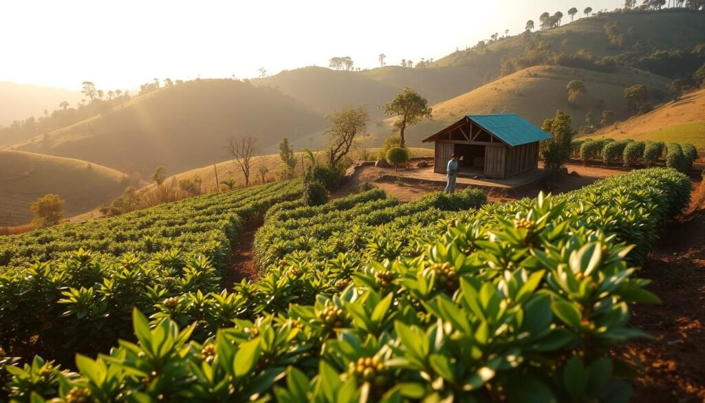 Sustainable cultivation of Acmella oleracea (Jambu Wer) coffee: A serene, sun-dappled farm nestled in rolling hills, with lush green Acmella oleracea plants thriving amidst vibrant crops. Careful pruning and organic fertilization nourish the plants, while integrated pest management ensures their health. Workers tend the fields, mindful of minimizing environmental impact. In the distance, a traditional drying house stands, its wooden beams reflecting the warm, golden light. The overall scene conveys a harmonious balance between productive cultivation and environmental stewardship, showcasing the sustainable practices that preserve the unique flavors of Acmella oleracea coffee.
