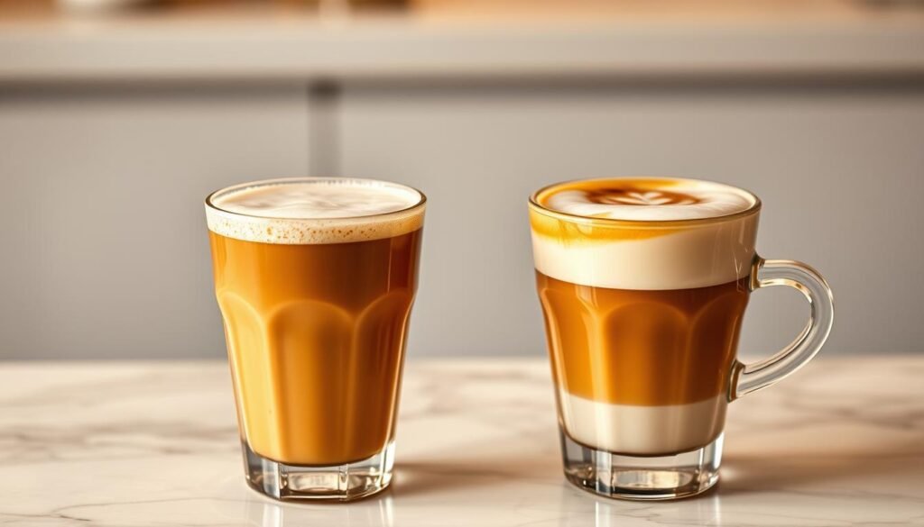 Two expertly crafted coffee drinks, the foamy Macchiato and the rich Cappuccino, stand side by side on a sleek marble countertop. Warm lighting casts a cozy glow, highlighting the subtle differences in their creamy textures and aromatic profiles. The Macchiato, with its delicate layer of foamed milk, contrasts elegantly with the Cappuccino's thicker, frothier crown. Carefully composed to showcase the nuanced characteristics that distinguish these beloved beverages, this image invites the viewer to savor the intriguing interplay between the two coffee classics.