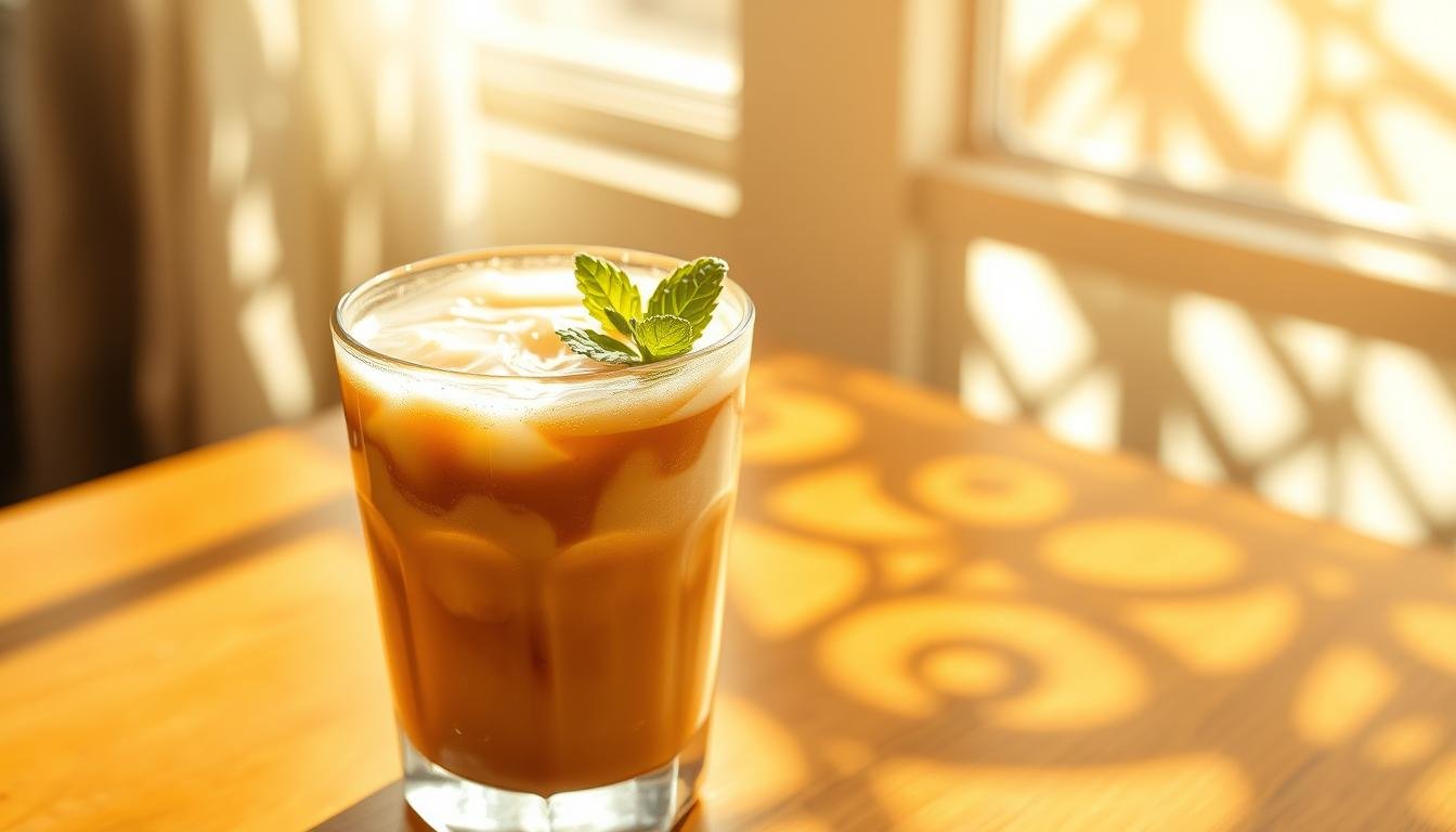 لاتيه مثلج منعش، حليب بارد، شراب الكراميل